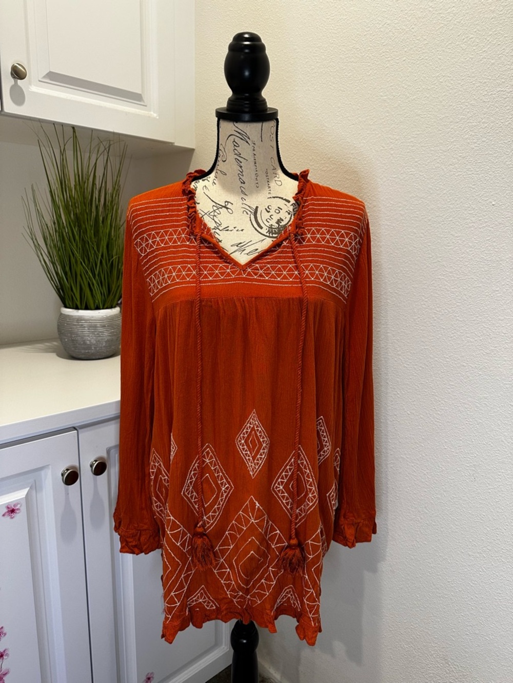 Cato Burnt Orange Embroidered Peasant Tunic